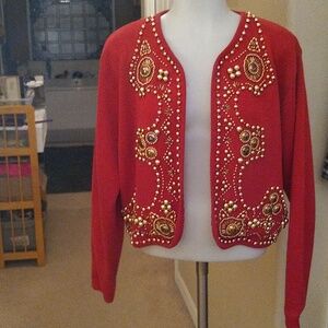 Vintage Ann Uri red wool open jacket w/ gold beads size medium